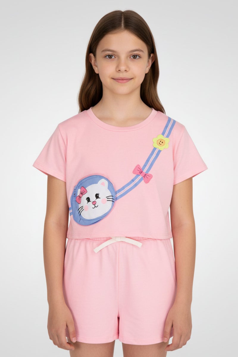 Freestyle طقم تي شيرت وشورت للبنات مكون من 2 قطعة مع حقيبة بسحاب، وردي - Image 1